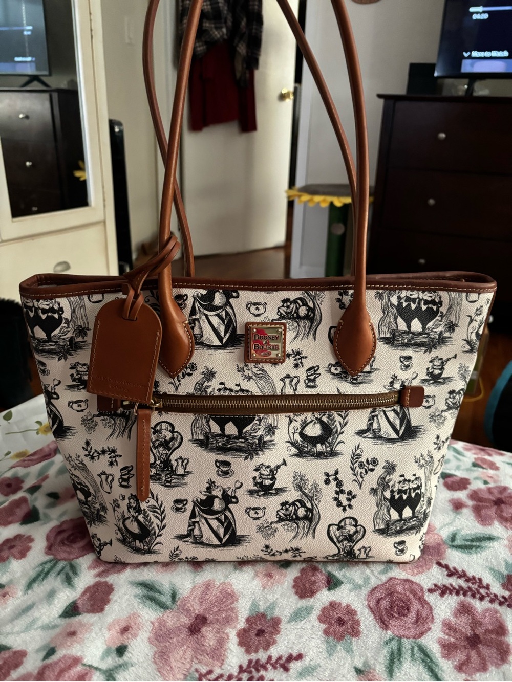 Dooney & Bourke Cream and Brown Printed Shoulder Tote - Picture 2 of 9
